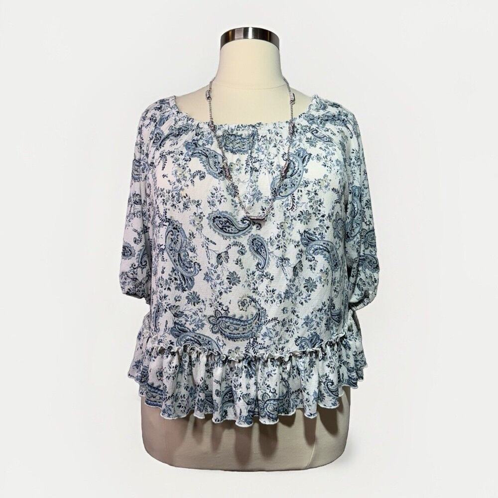 Melloday Blouse Women’s Size XL White & Blue Paisley Boho Casual Chic